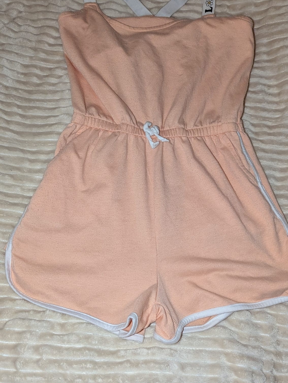 Girls Peach Terry One-Piece Bodysuit Romper with White Trim